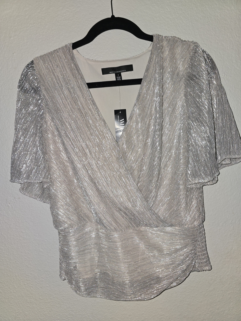 White House Black Market Silver Shimmer Wrap Top